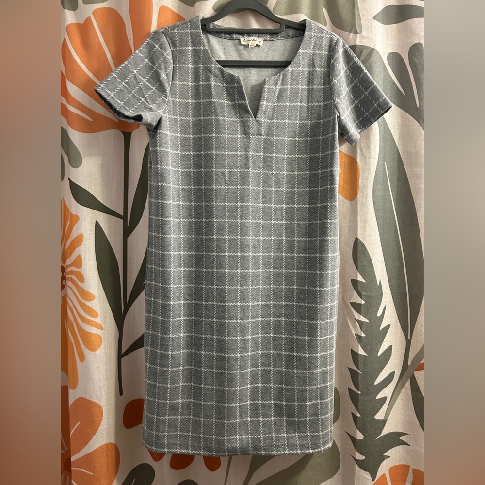 Jane & Delancey Gray/White Windowpane Plaid Shift Dress - XS